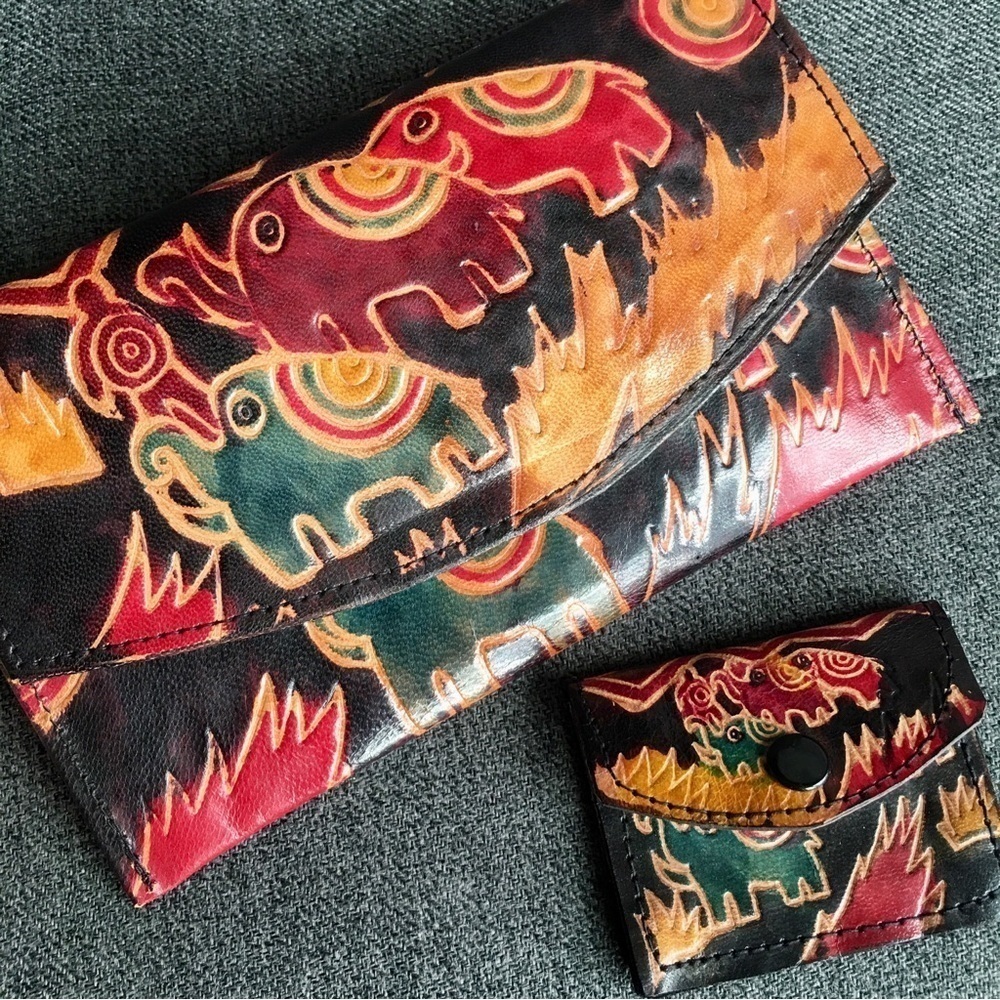 Colorful Elephant Wallet Clutch with Matching Coin Purse, Genuine Leather, Brown - Picture 16 of 17